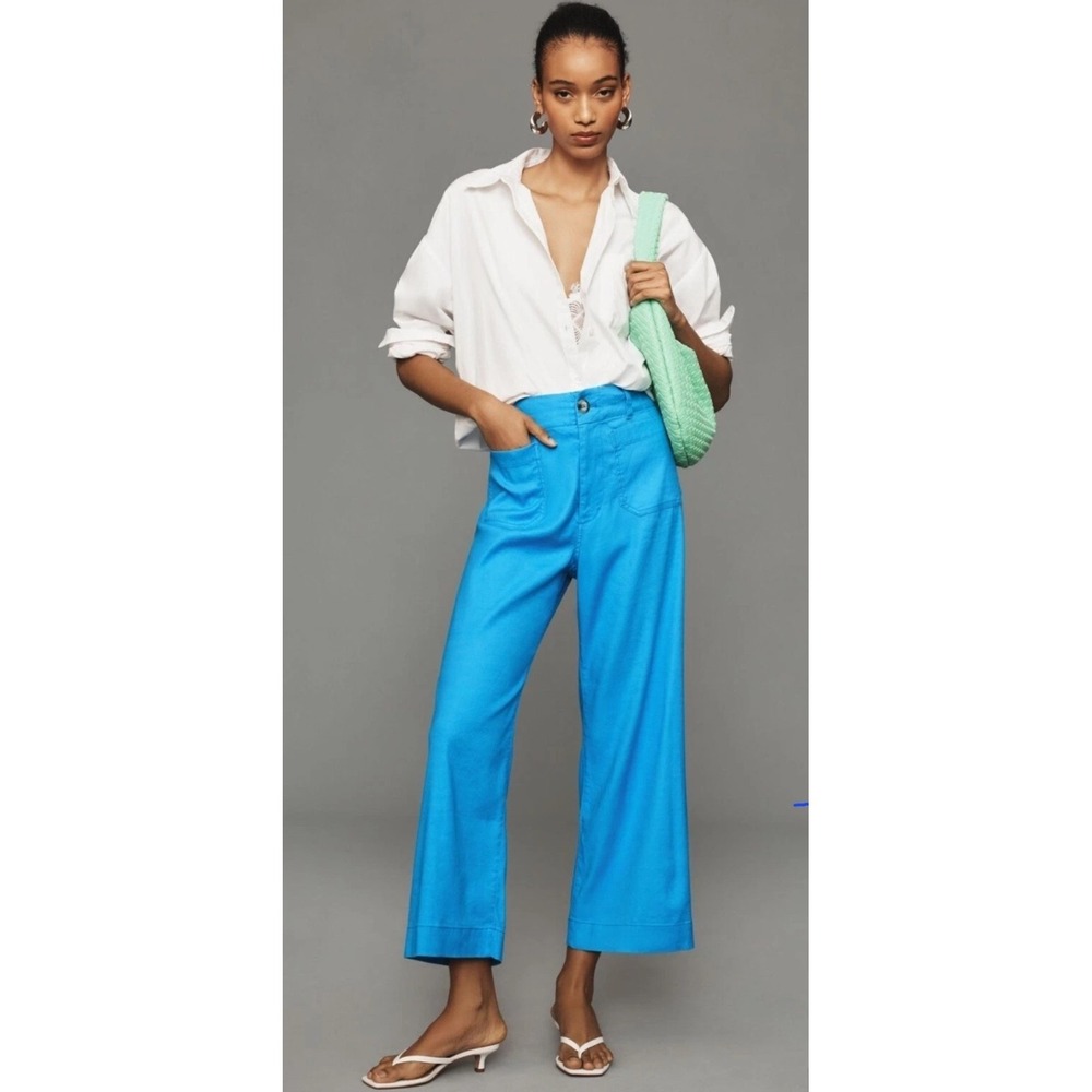 Anthropologie Colette Linen Pants by Maeve Crop Wide Leg Bright‎ Blue Sky Sz 31